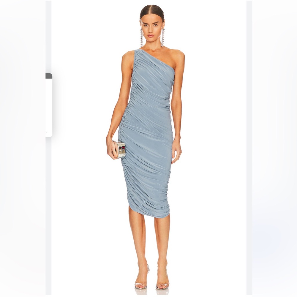 Norma Kamali One-Shoulder Ruched Maxi Dress in Dusty Blue